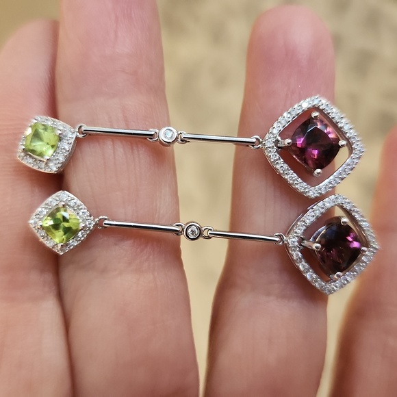 14K White Gold Amethyst, Peridot and Diamond Earrings - Picture 4 of 8